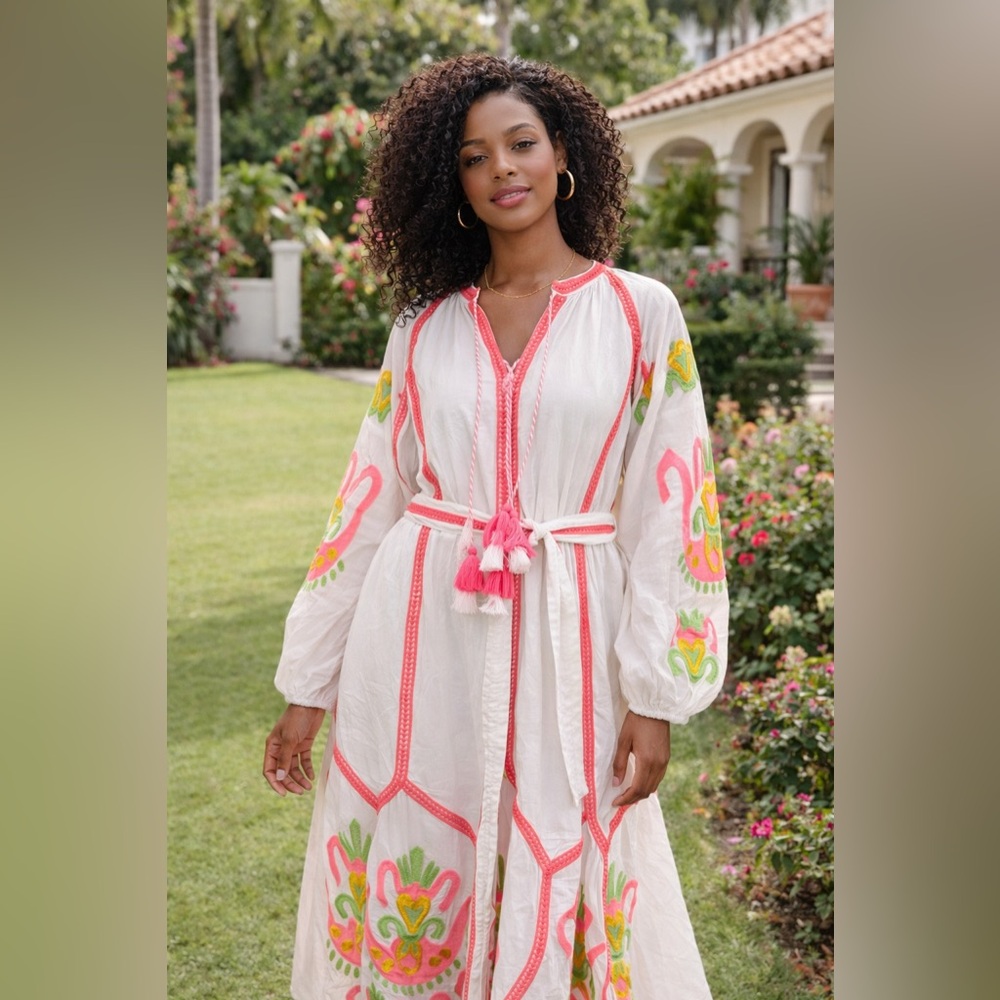 Embroidered White and Pink Maxi Dress - Picture 5 of 5